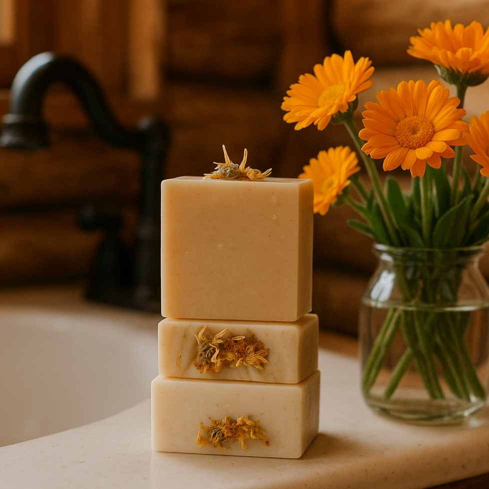 Cottonwood soap bars with dried flowers on cabin bathroom counter next to calendula vase