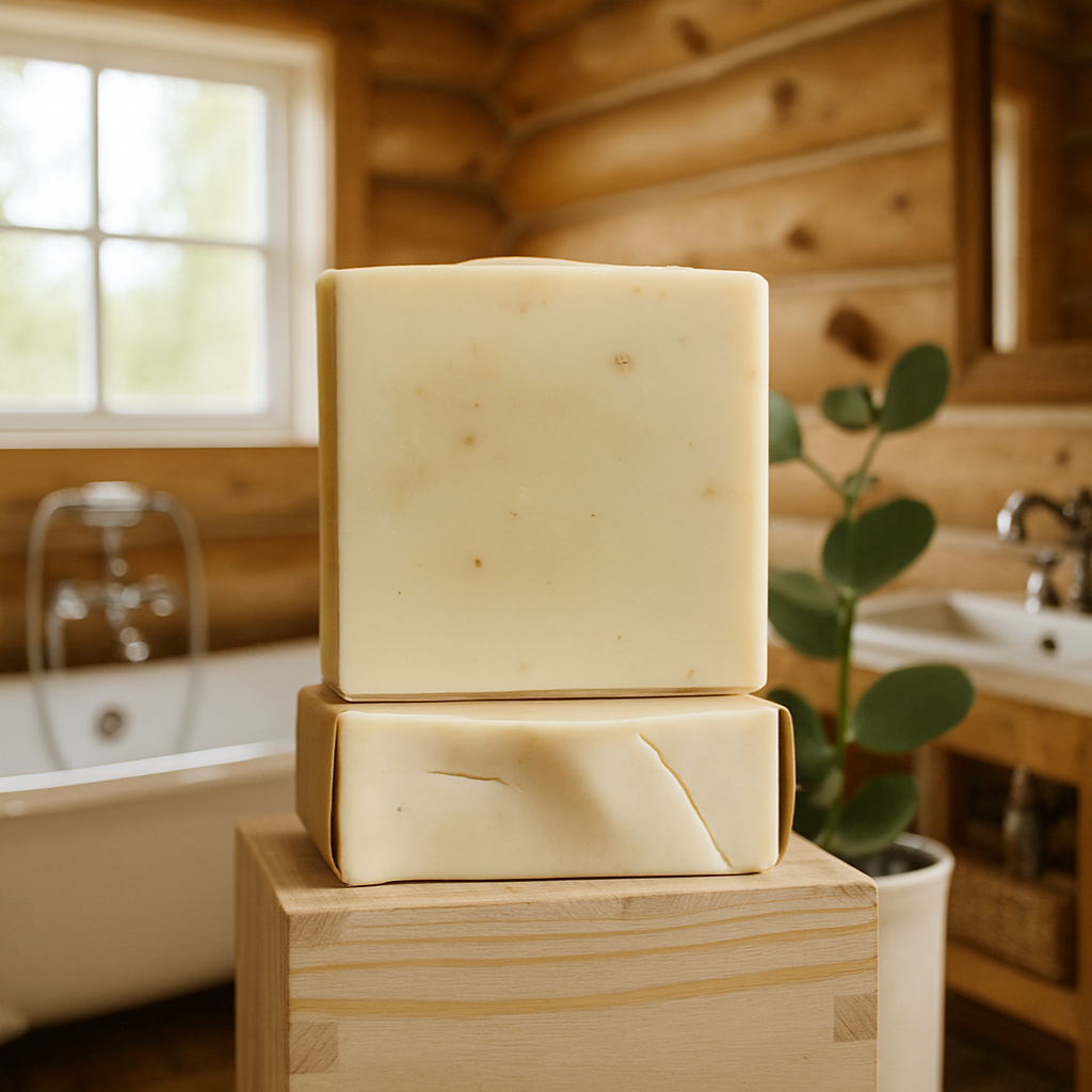 Cream soap bars in bright cabin bathroom with large window over clawfoot tub