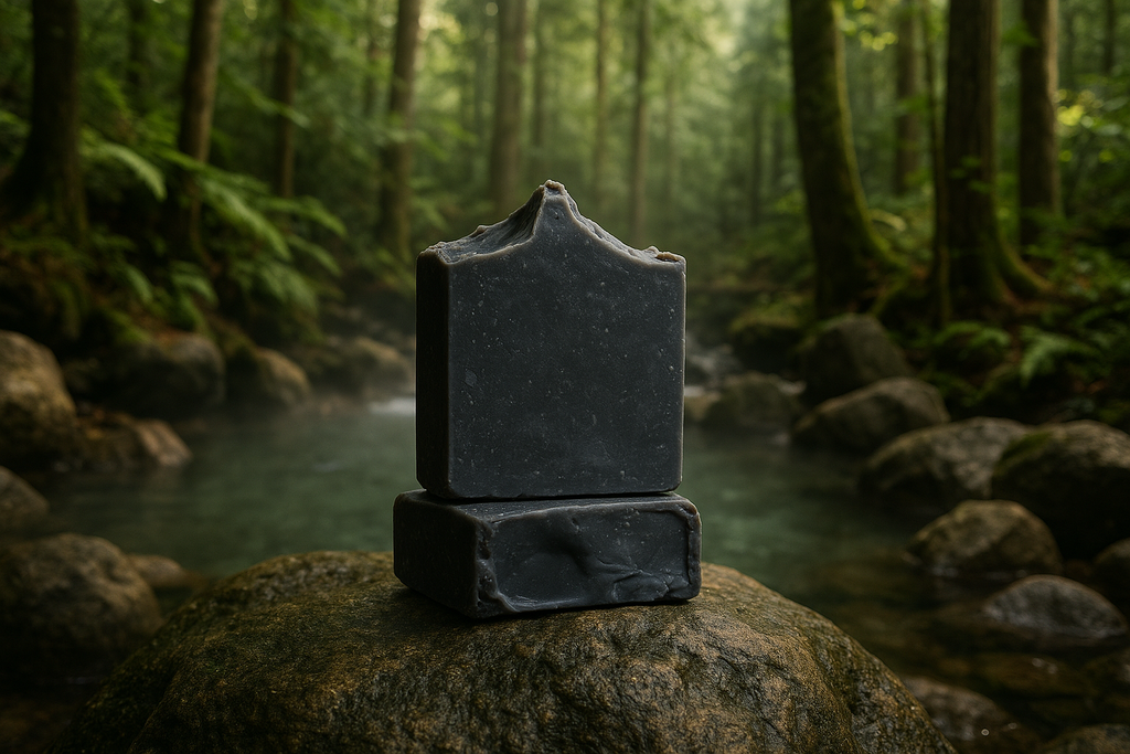 Dark charcoal soap bars at natural hot spring in forest