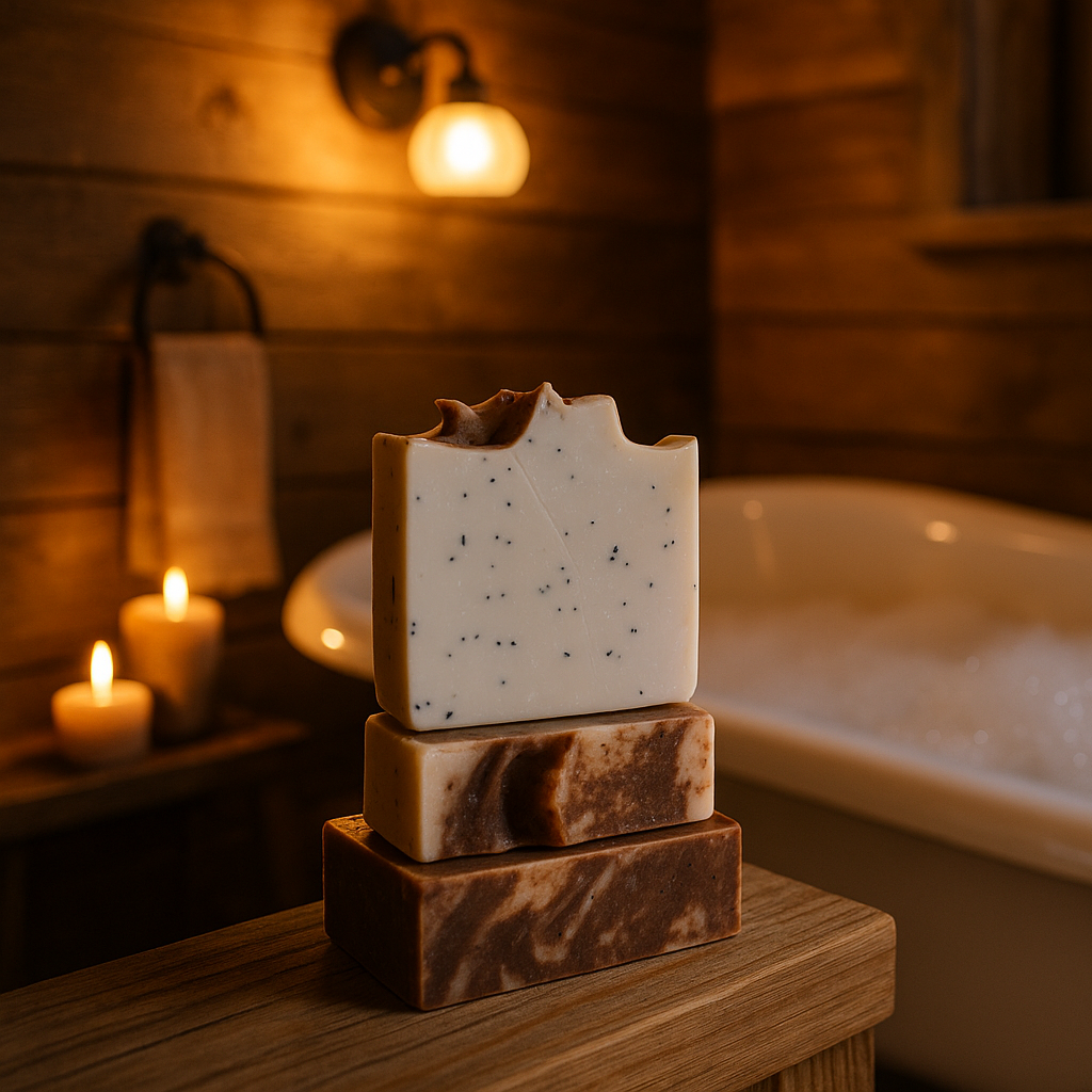 Handmade soap bars next to clawfoot tub with bubbles in cabin bathroom