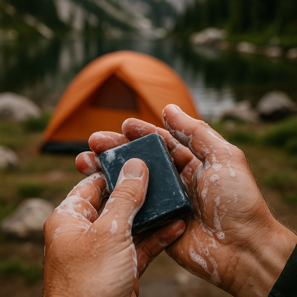 Person holding a bar of soap with a camping scene in the background