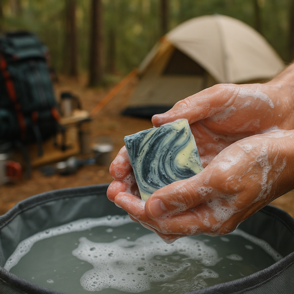 Lemon and charcoal soap being used on a camping trip