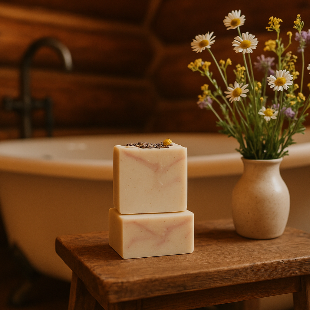 Matching chamomile lavender soap bars on wooden table with wildflowers in cabin bathroom