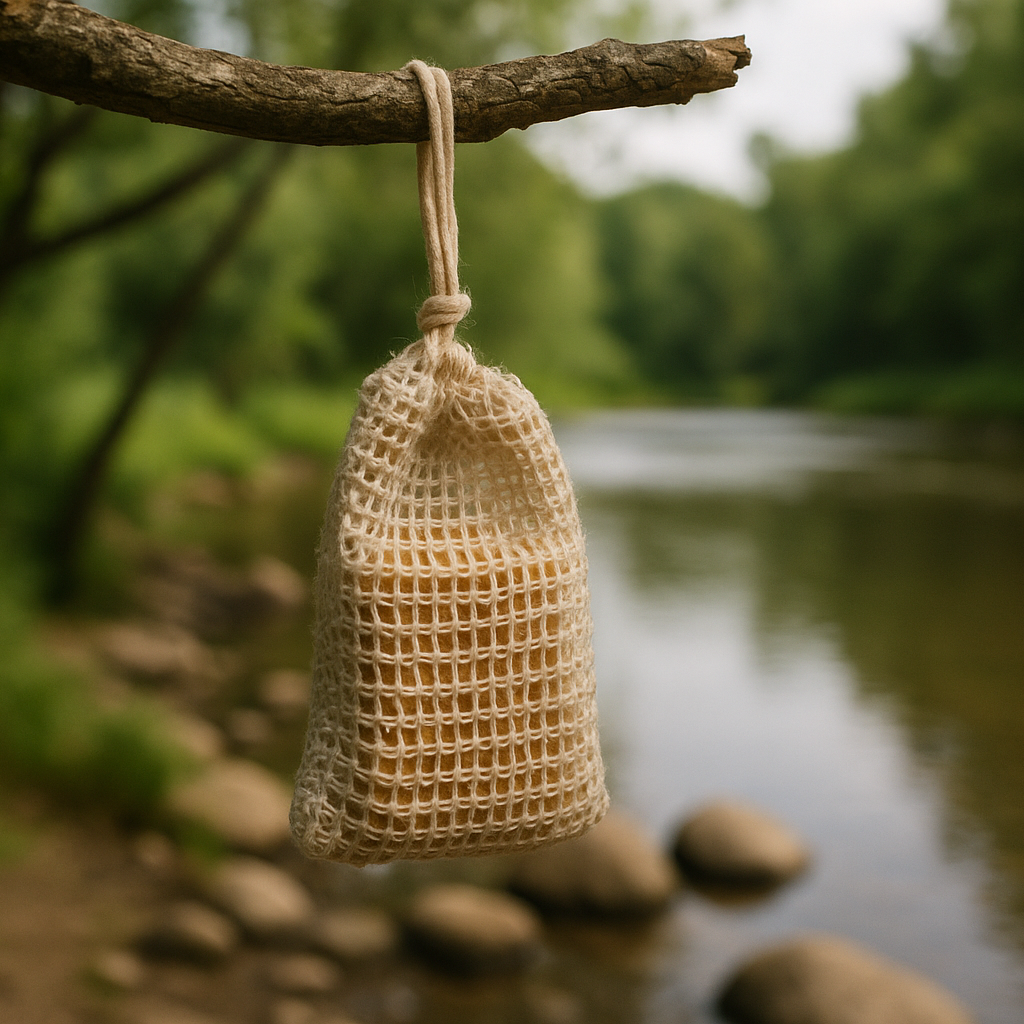 Natural cloth scrub bag with soap clearly inside hanging from branch by river