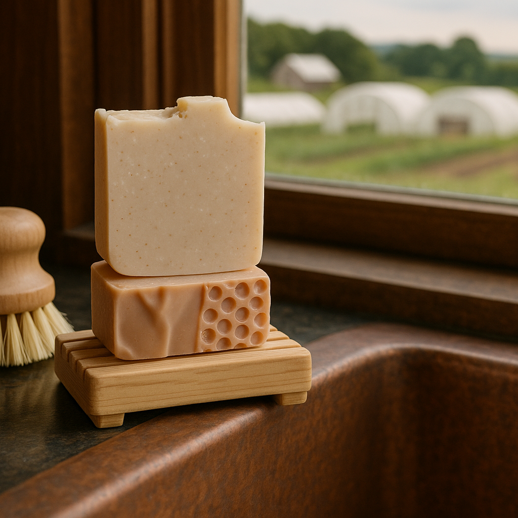 Oatmeal soap bars on draining dish left of copper sink with wooden brush and farm greenhouse view