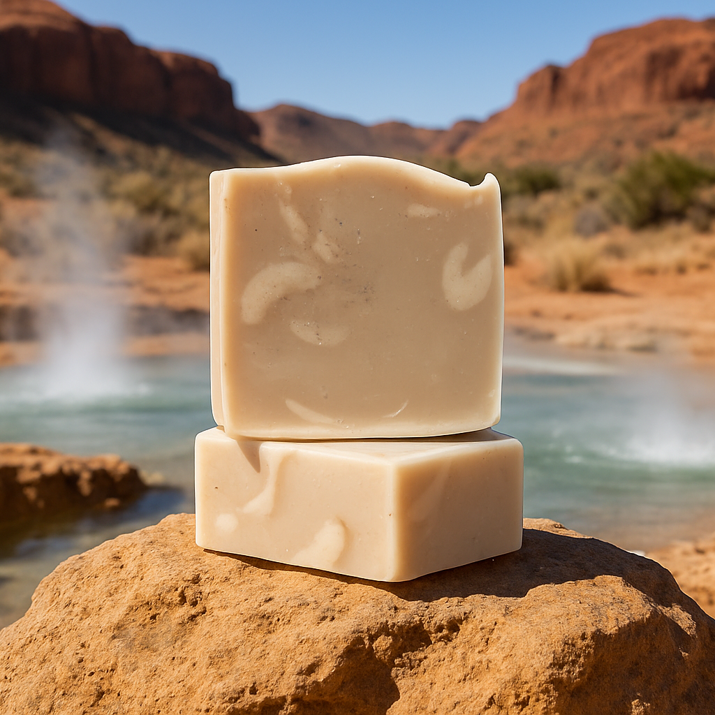Peppermint beetroot soap bars on rock with closer hot springs and bright lighting