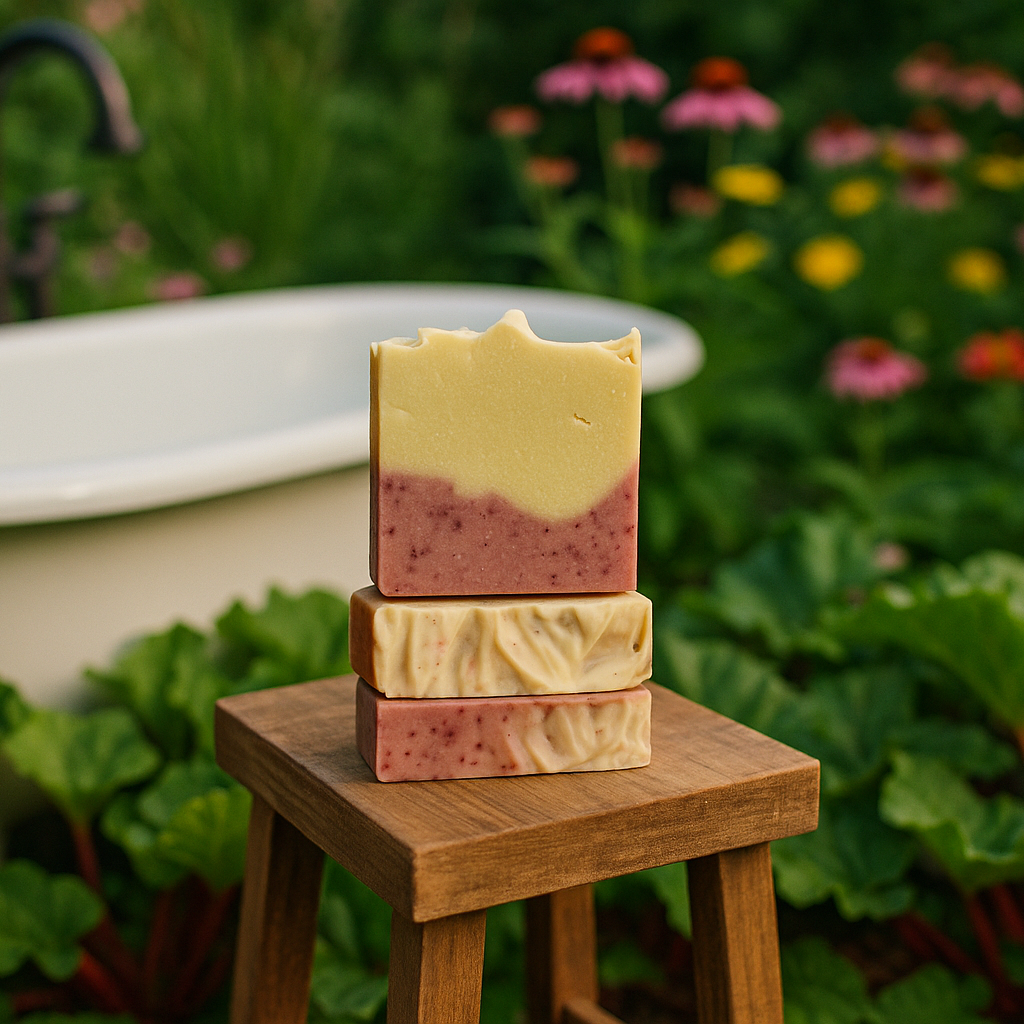 Rhubarb grapefruit soap bars on table next to tub with shorter bushy rhubarb plants