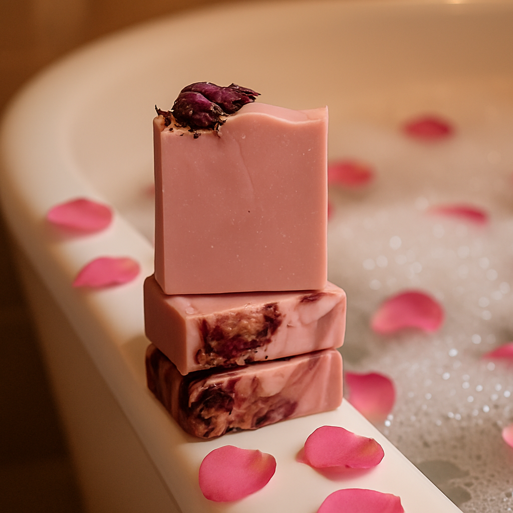 Rose soap bars on bubbly tub edge with scattered rose petals