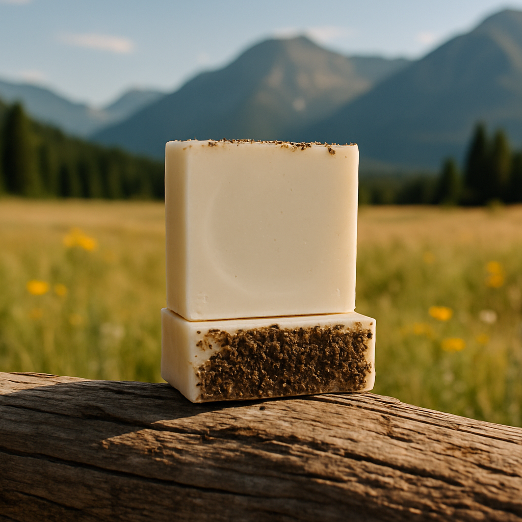 Rosemary mint soap bars on log next to mountain field
