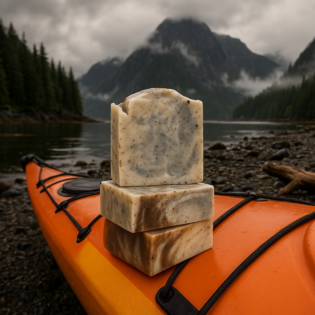 Speckled soap bars on kayak at Southeast Alaska gravel bar