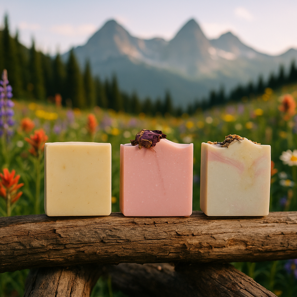 Three individual soap bars on log in mountain wildflower field