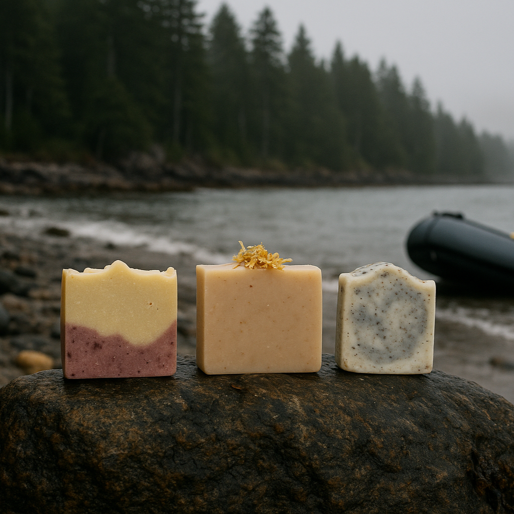 Three individual soap bars on tidal rock at Washington ocean rafting pull-out