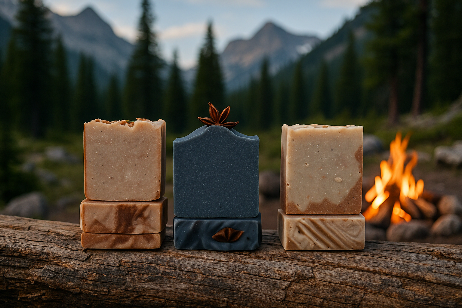 Three soap bar pairs lined up next to each other on log at Montana campsite
