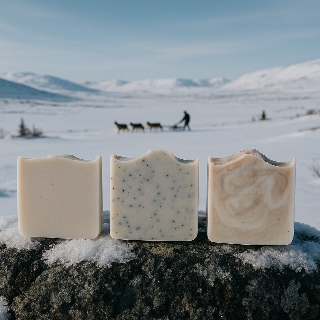 Three soap bars on snowy rock in tundra with sled dog team in distance