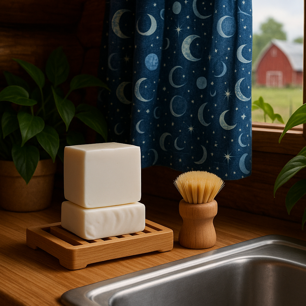 White soap bars on draining dish with wooden brush and houseplant in cabin kitchen